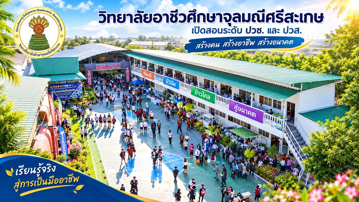 บรรยากาศวิทยาลัยจุลมณีศรีสะเกษ — นักศึกษาและกิจกรรมเปิดบ้านอาชีวศึกษาในบริเวณวิทยาลัย